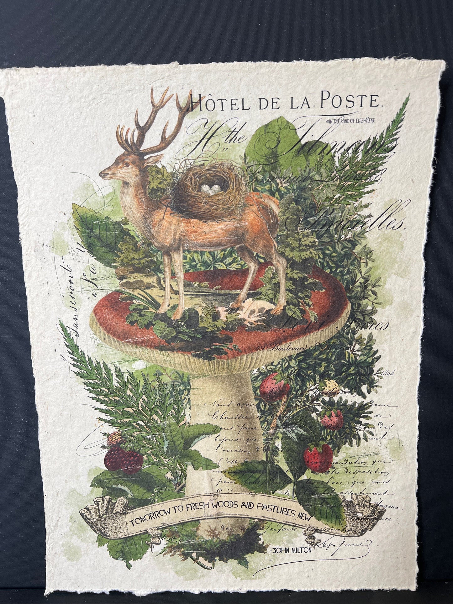 Decorative paper with nature-themed design featuring animals and foliage on a dark background