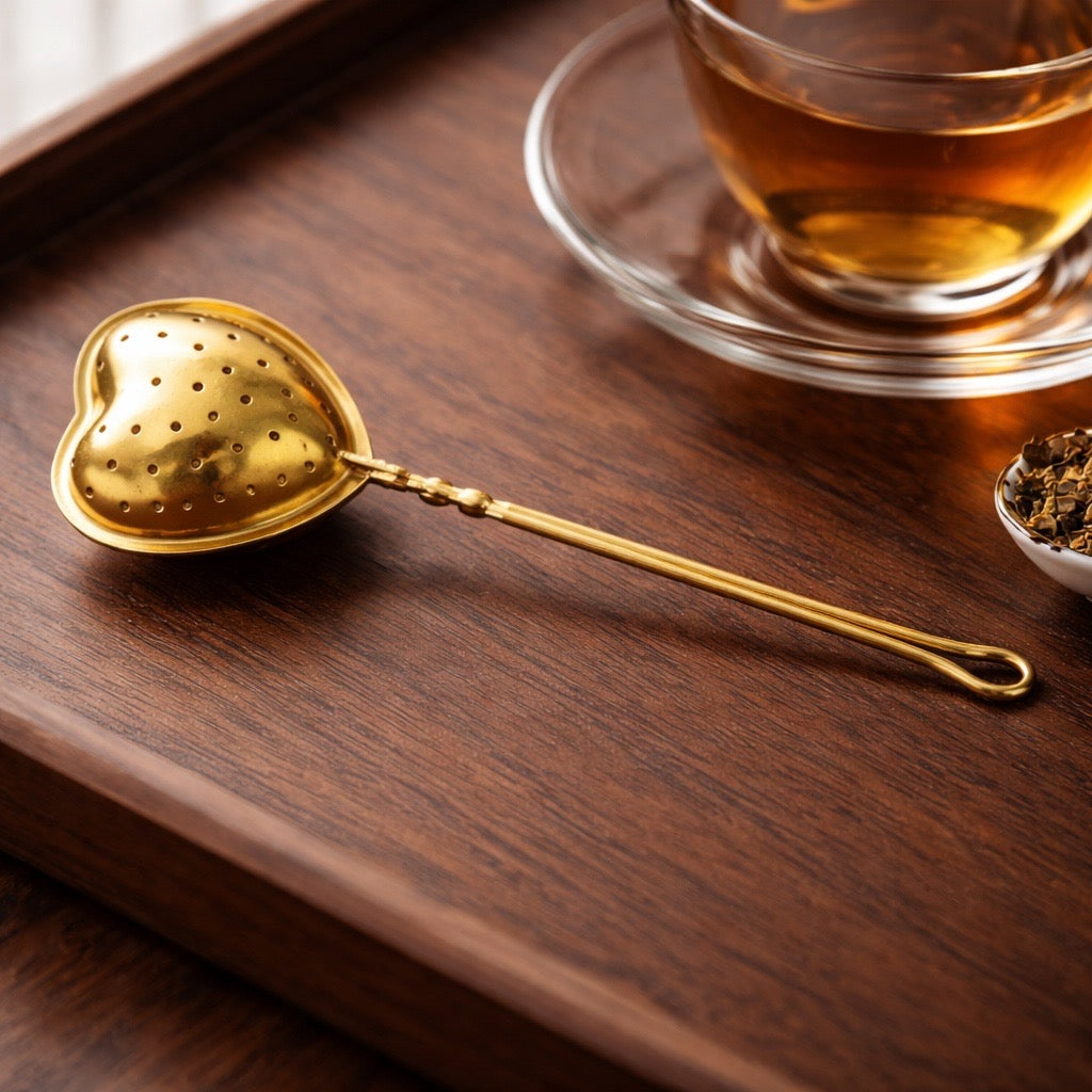 Gold heart-shaped tea infuser on a wooden surface with a cup of tea in the background.