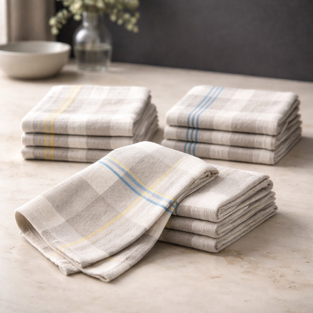 Set Of 4 Napkins Cream/Grey With Blue and Yellow Stripe