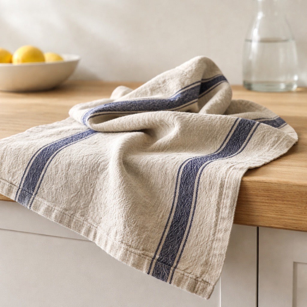 Beige towel with blue stripes on a wooden surface