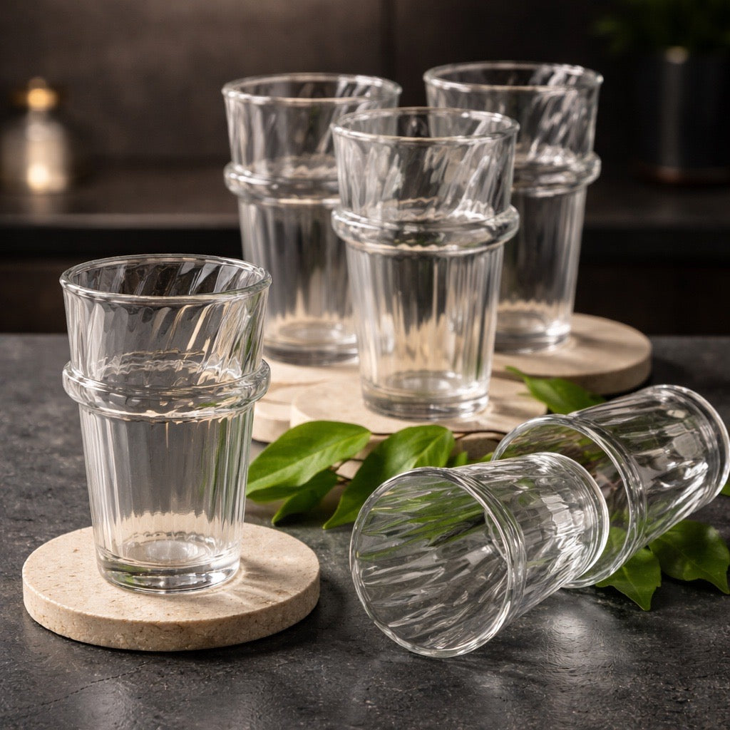Set of clear glass tumblers on stone coasters with a dark background