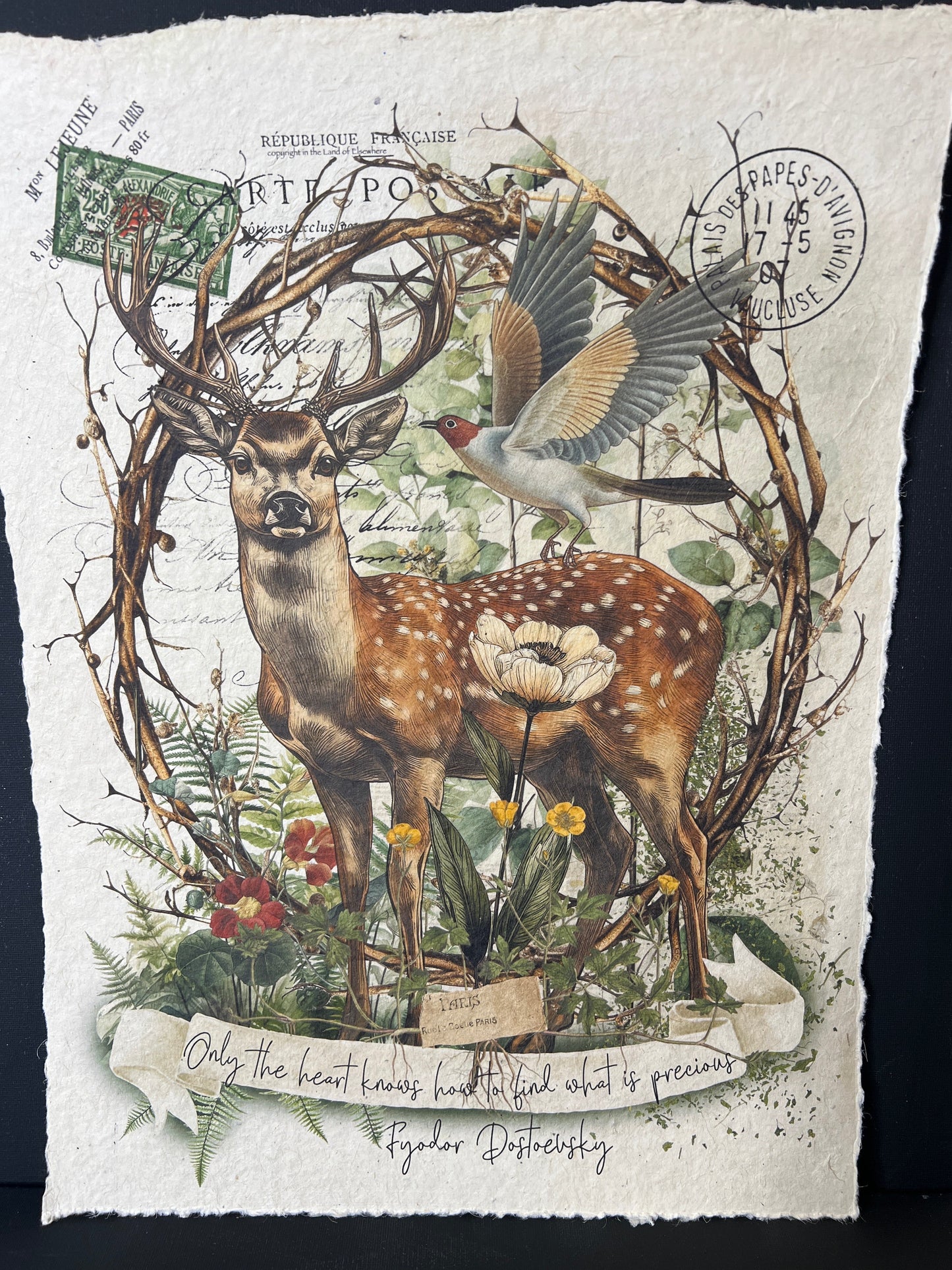 Illustration of deer, birds, and nature elements on textured paper with vintage stamps and text.
