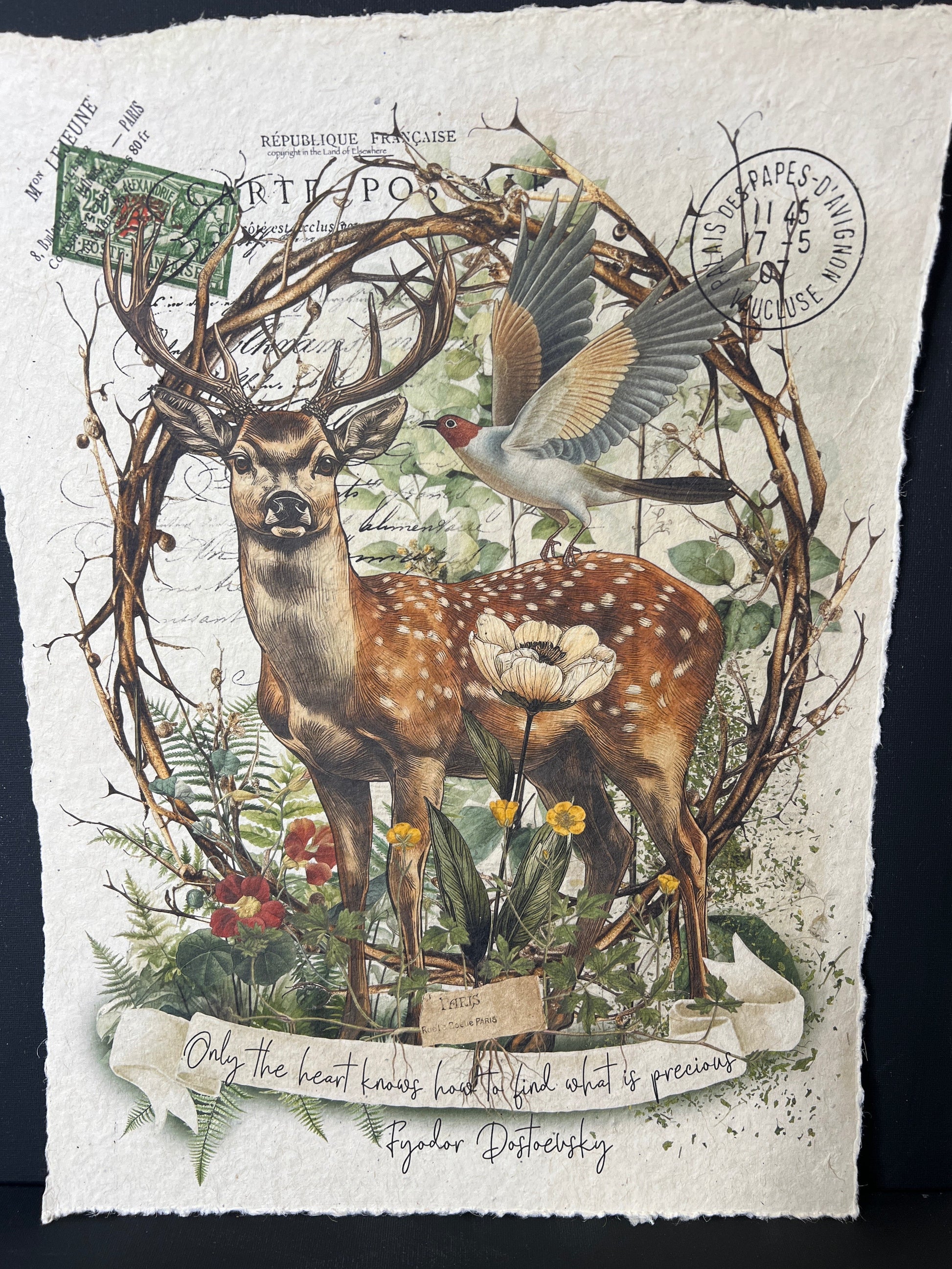 Illustration of deer, birds, and nature elements on textured paper with vintage stamps and text.
