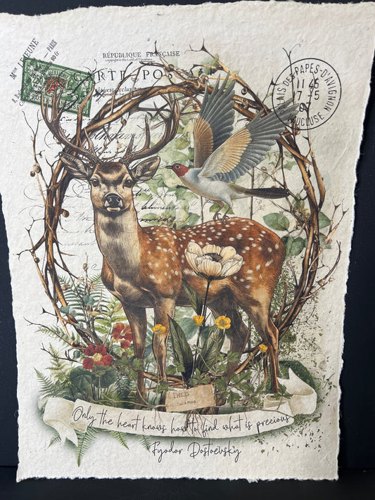 Illustration of deer, birds, and nature elements on textured paper with vintage stamps and text.