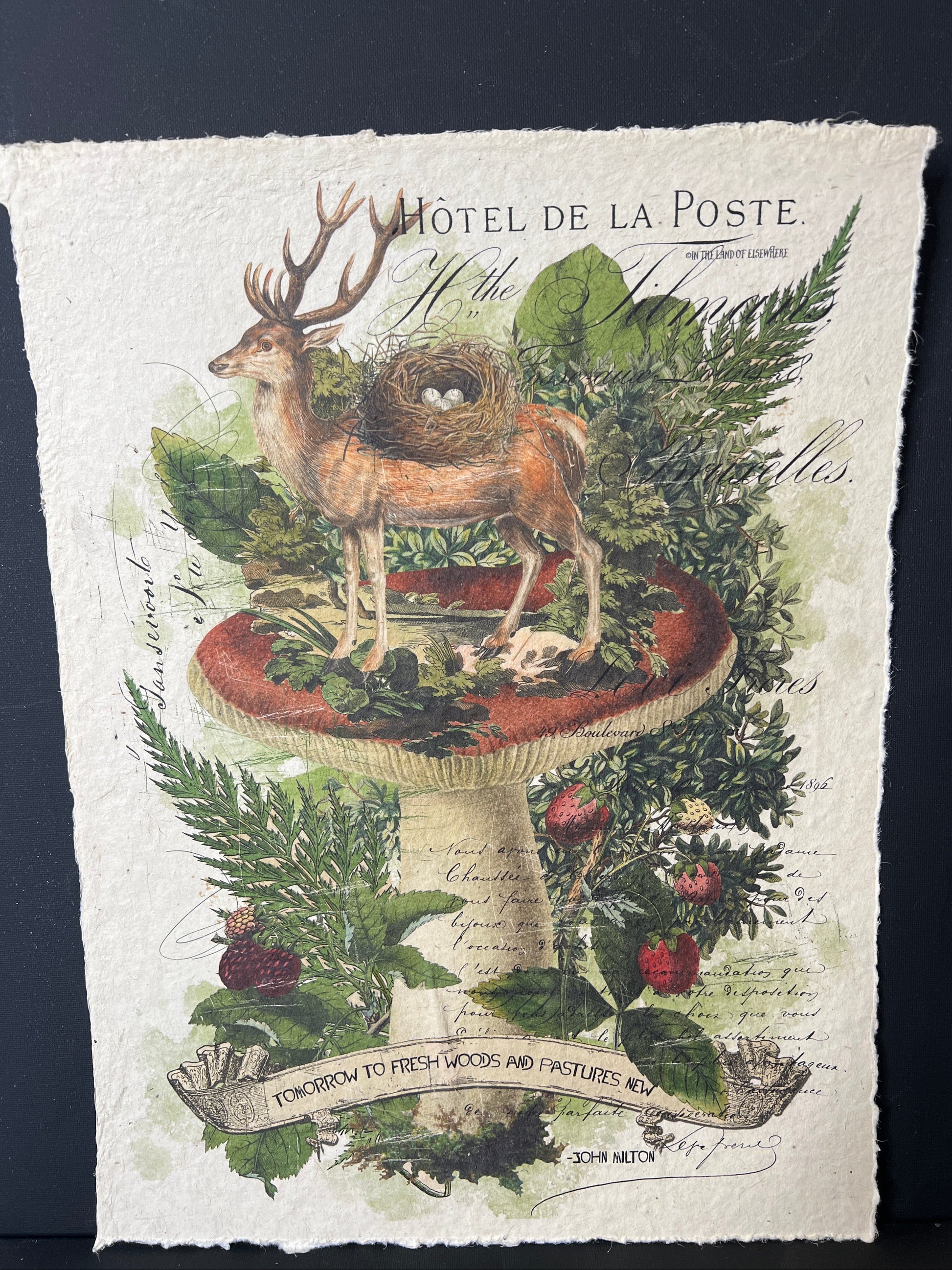 Decorative paper with nature-themed design featuring animals and foliage on a dark background