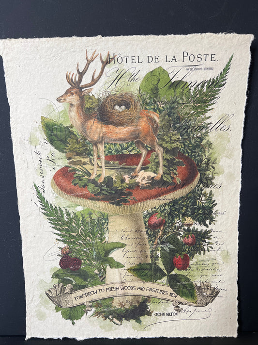 Decorative paper with nature-themed design featuring animals and foliage on a dark background