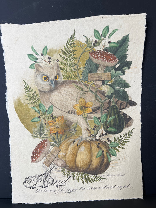 Decorative print with owls, flowers, and foliage on a textured paper background