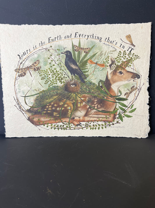Illustration of a deer surrounded by nature elements on textured paper.