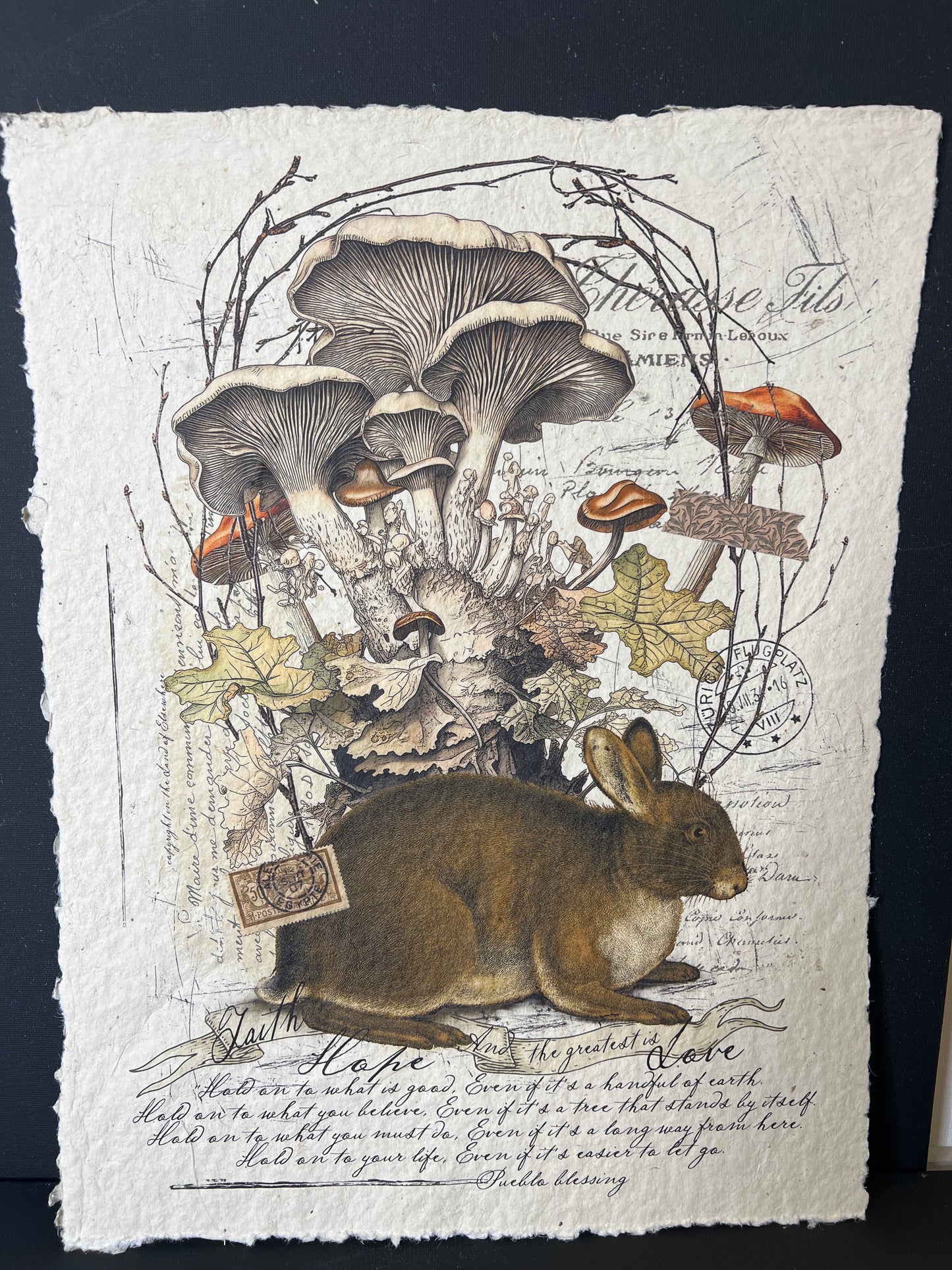 print featuring mushrooms and a bunny