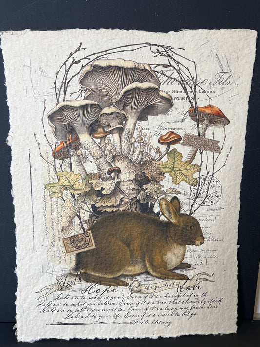 print featuring mushrooms and a bunny