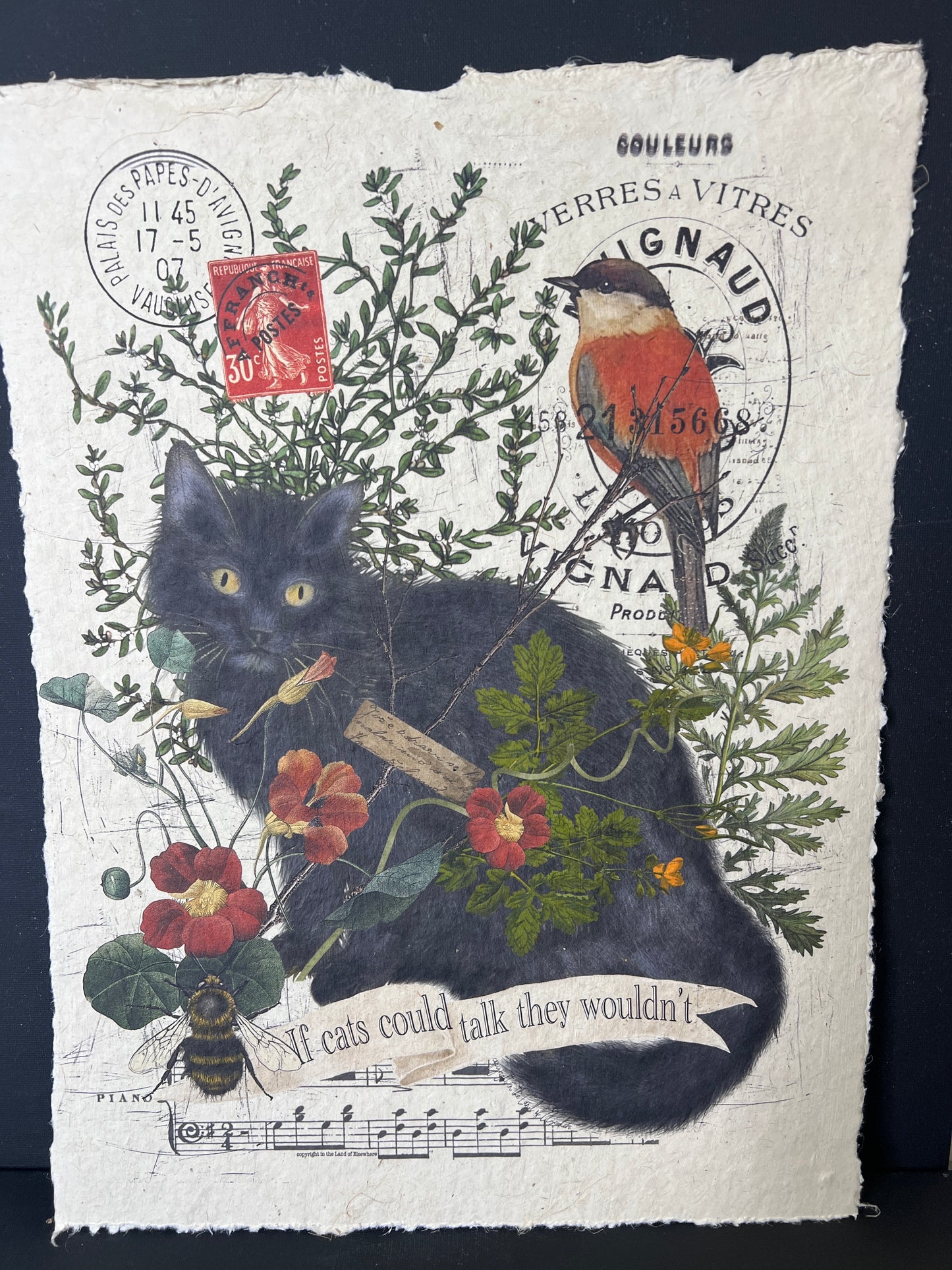 Vintage-style illustration with a black cat, flowers, and text on textured paper.
