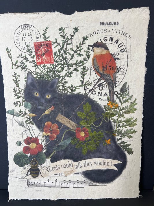 Vintage-style illustration with a black cat, flowers, and text on textured paper.