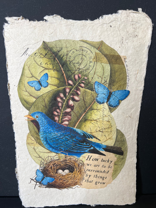 artwork featuring a blue bird and butterflies