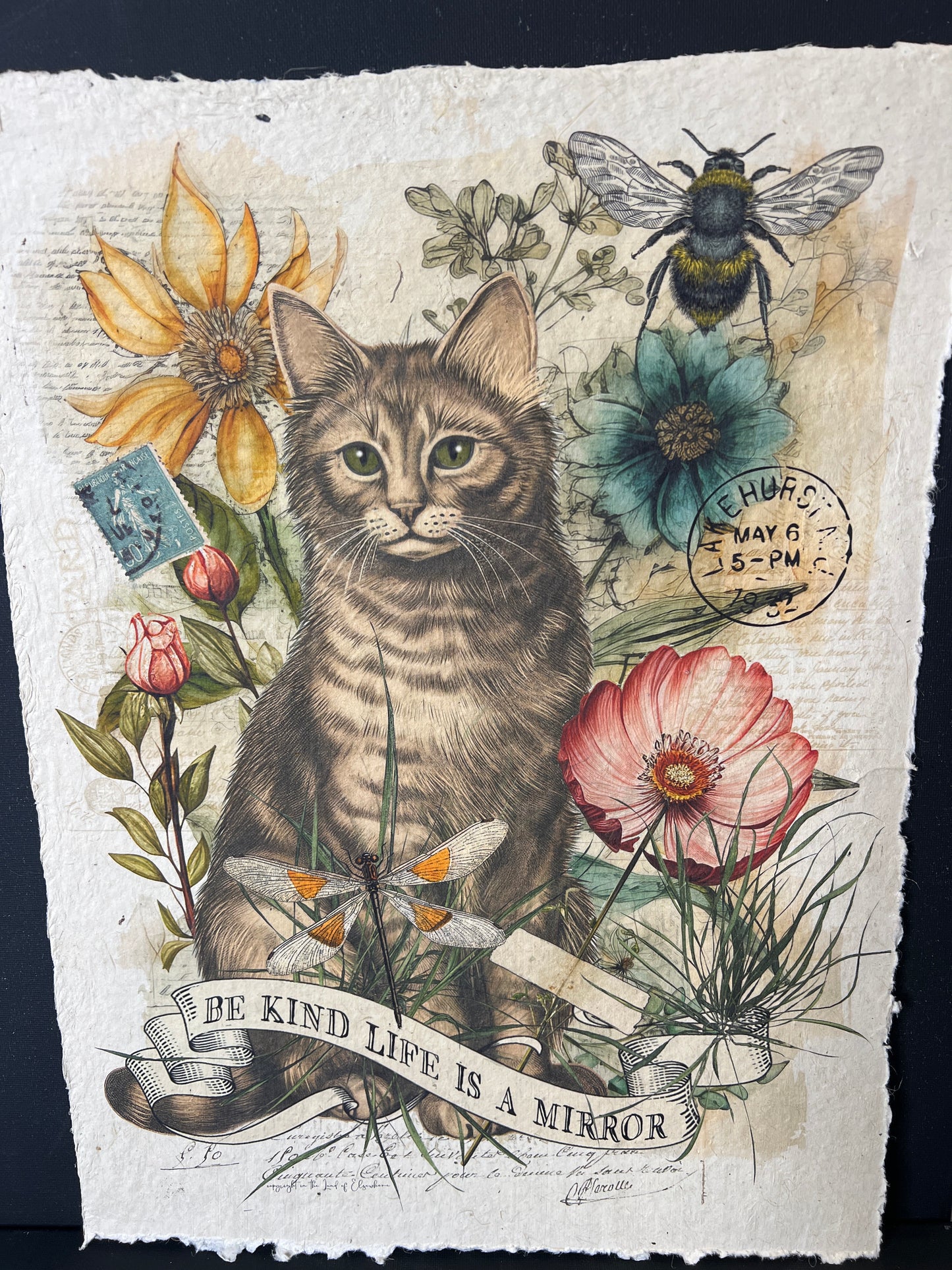 Illustration of a cat among flowers and a bee on textured paper with text.