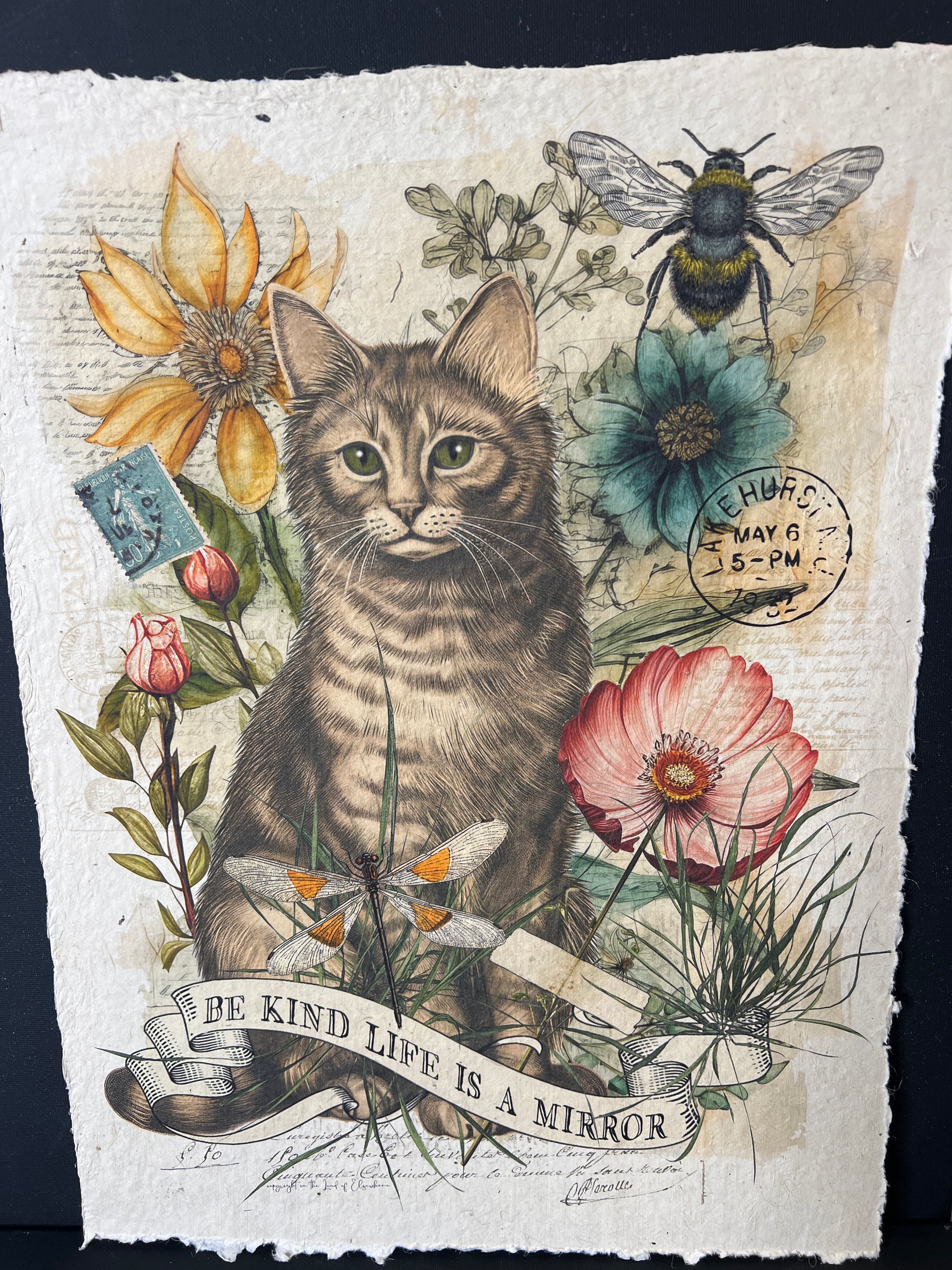 Illustration of a cat among flowers and a bee on textured paper with text.