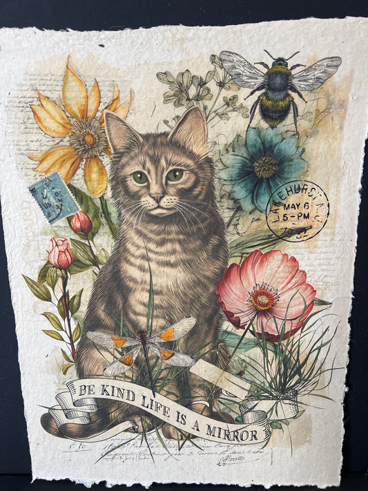 Illustration of a cat among flowers and a bee on textured paper with text.