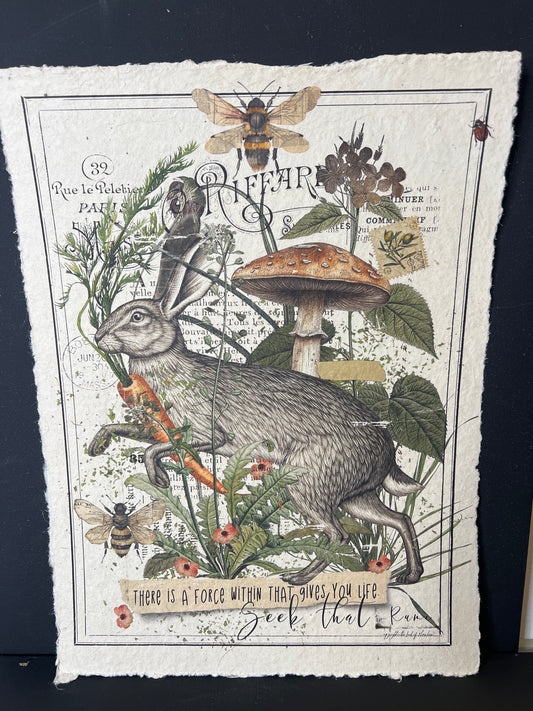 Vintage-style illustration of a rabbit, mushrooms, and insects on textured paper.