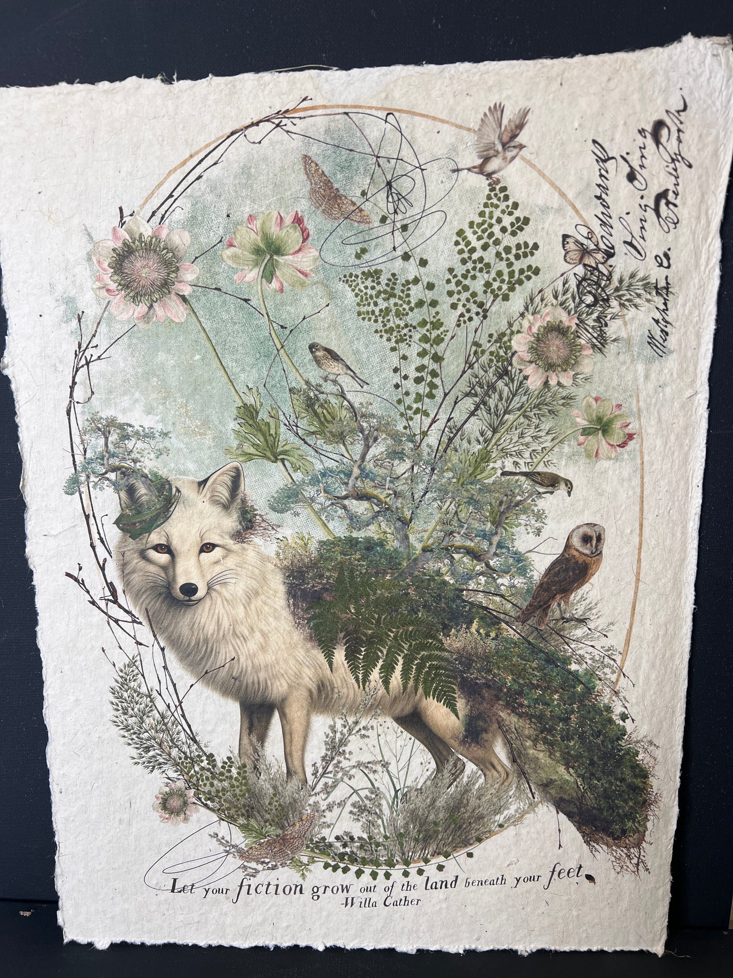 Artistic depiction of a wolf surrounded by flowers and birds on textured paper.