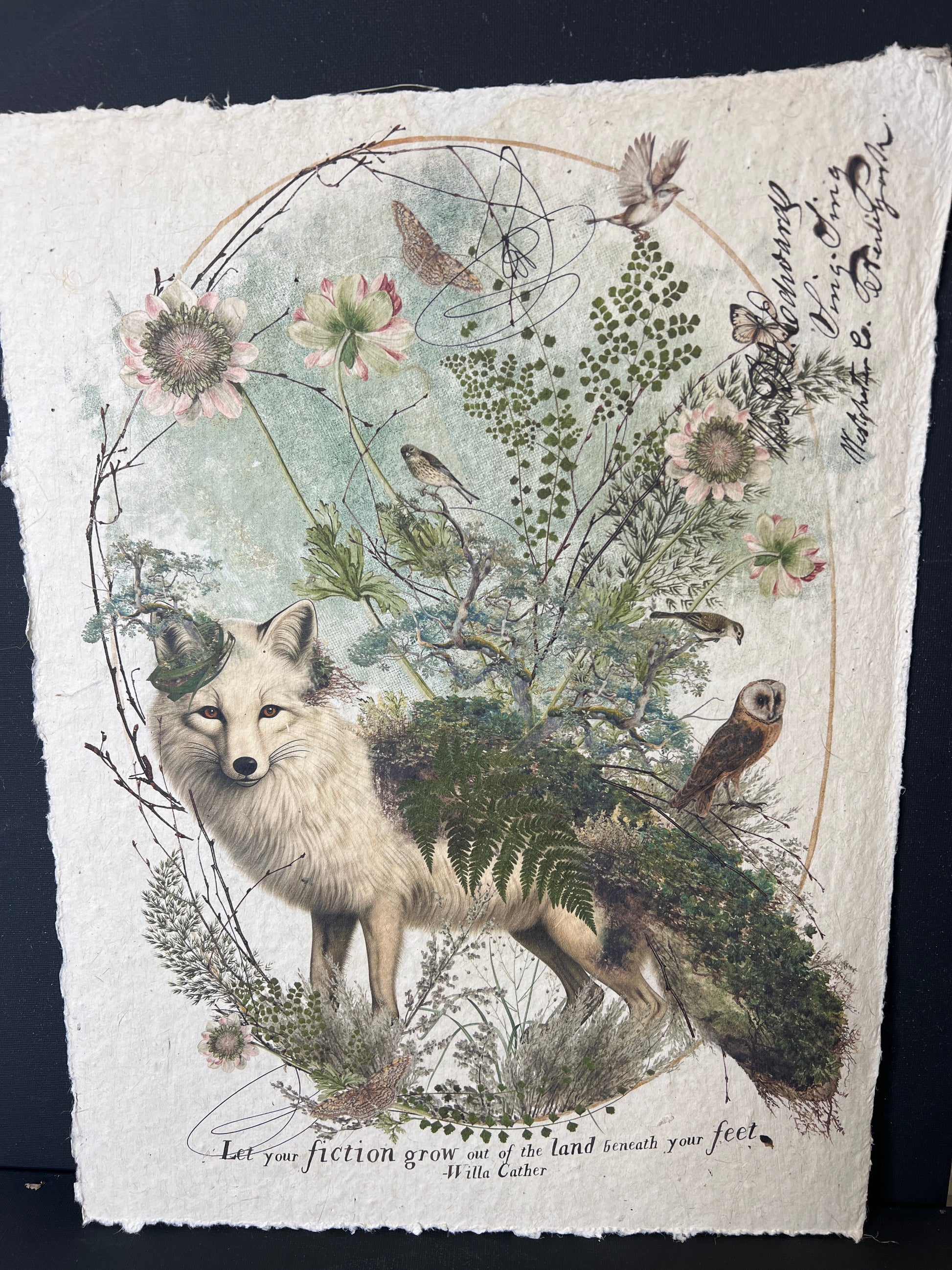 Artistic depiction of a wolf surrounded by flowers and birds on textured paper.