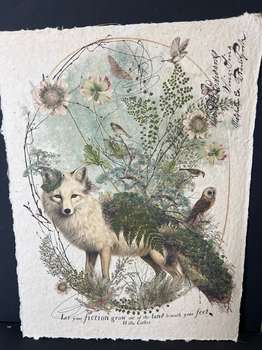 Artistic depiction of a wolf surrounded by flowers and birds on textured paper.