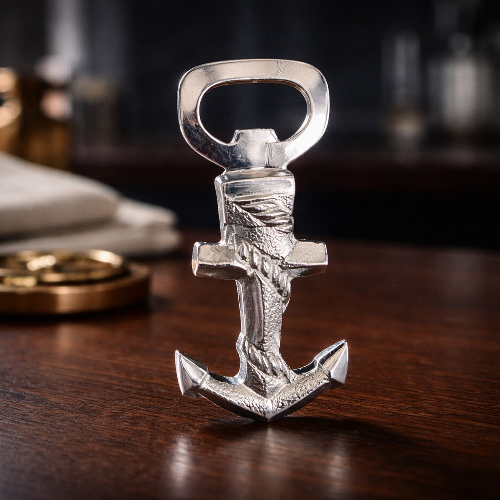 Silver anchor-shaped bottle opener on a wooden surface with blurred background