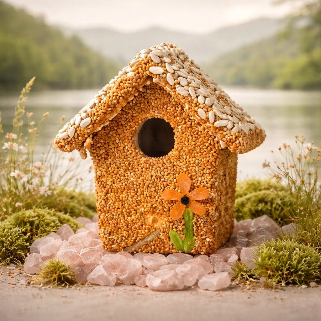 Birdhouse made of seeds with a flower decoration, placed on pebbles by a lake with mountains in the background.