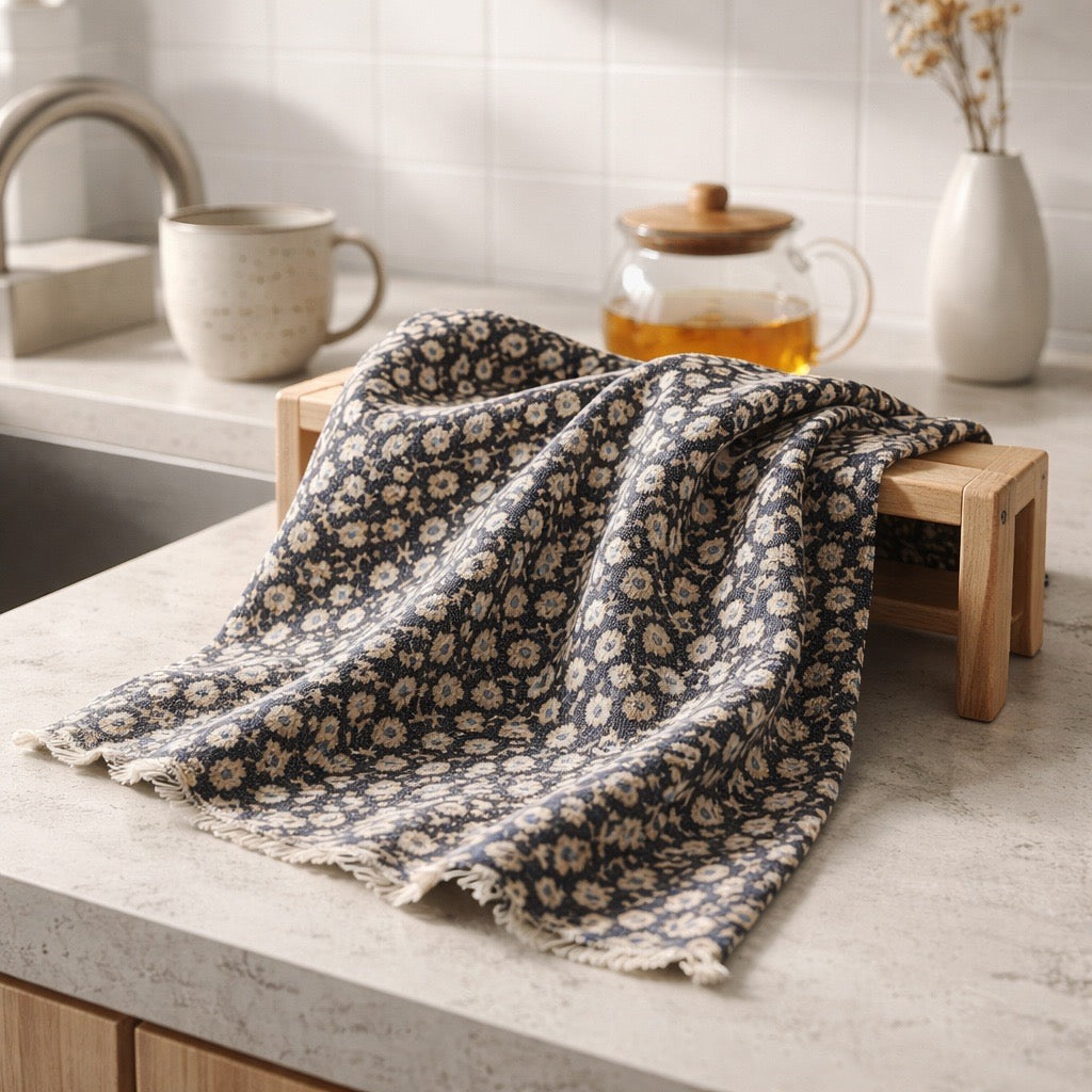 Floral-patterned towel on a kitchen counter with a teapot and mug in the background.