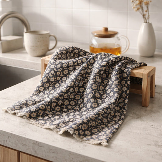 Floral-patterned towel on a kitchen counter with a teapot and mug in the background.