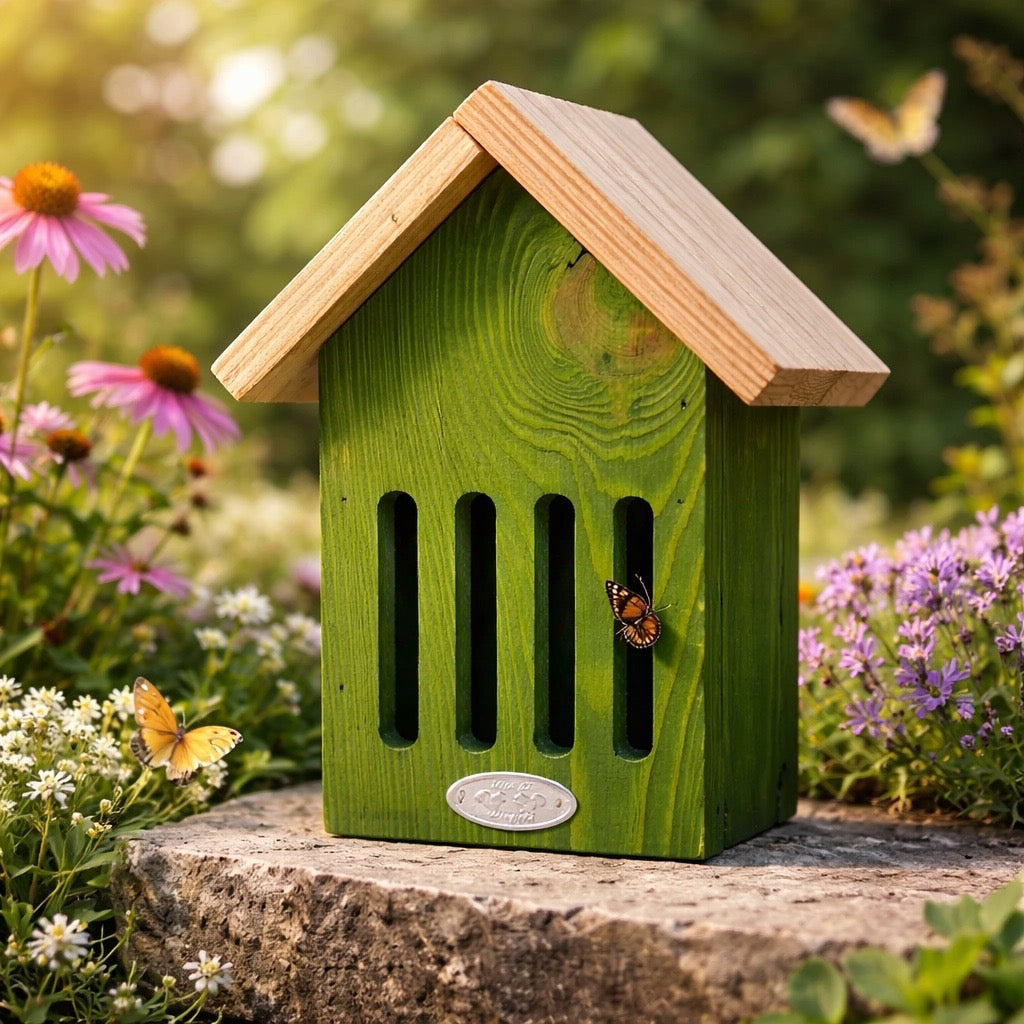 Green wooden insect house with a butterfly on a stone in a garden setting