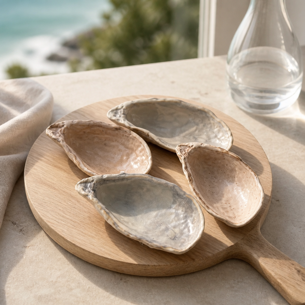 Set of natural shell dishes on a wooden board with a blurred outdoor background