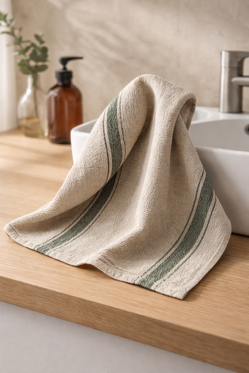Beige towel with green stripes on a wooden surface in a bathroom setting.