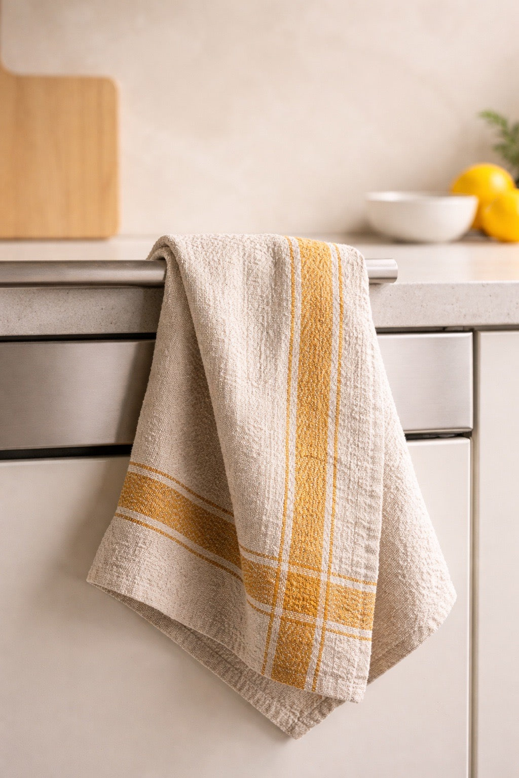 Beige towel with yellow stripes hanging on a kitchen cabinet handle.