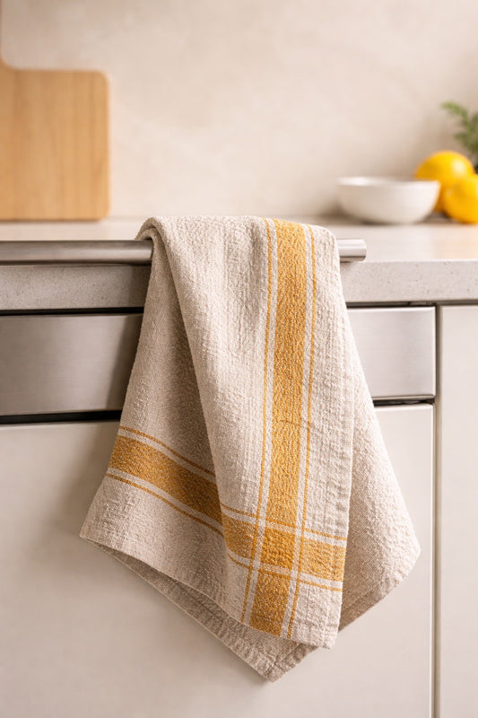 Beige towel with yellow stripes hanging on a kitchen cabinet handle.