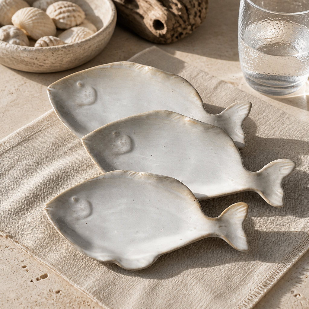 Three ceramic fish-shaped plates on a textured surface with a glass of water and shell dish in the background.
