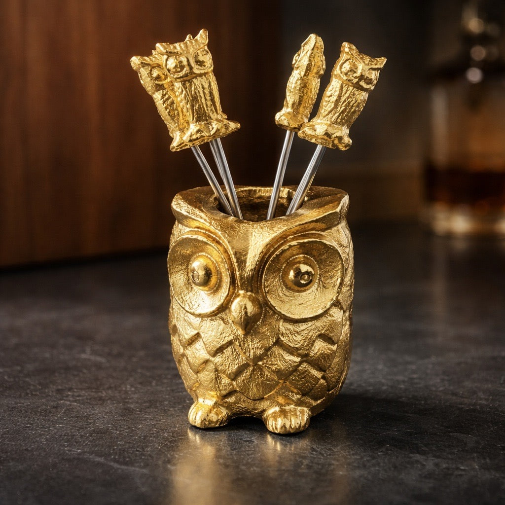 Gold owl-shaped holder with three decorative sticks on a dark surface.