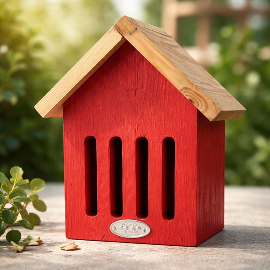 Red wooden birdhouse with a wooden roof on a blurred natural background