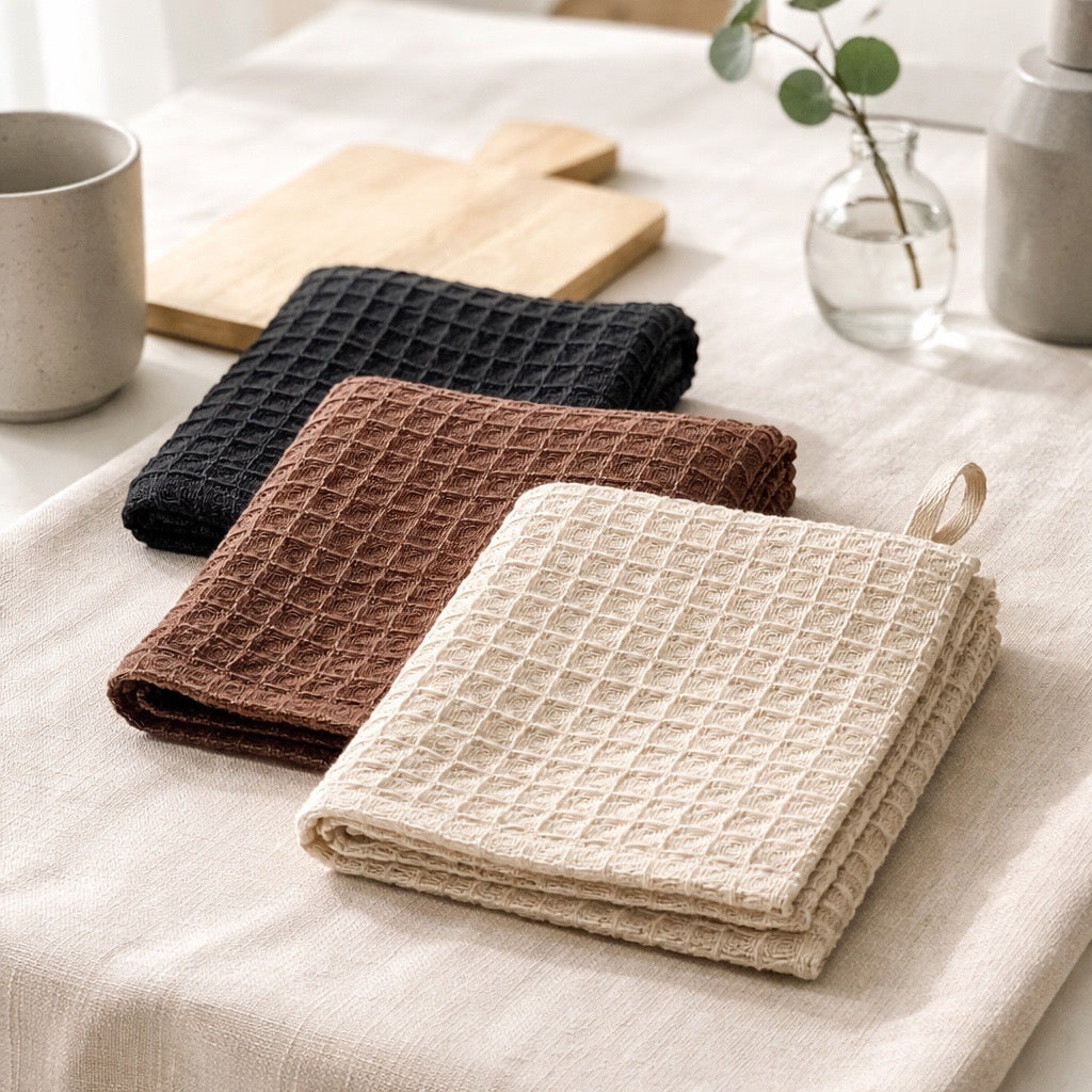 Set Of 3 Dish Cloths Black/Tan/Cream With Cutting Board