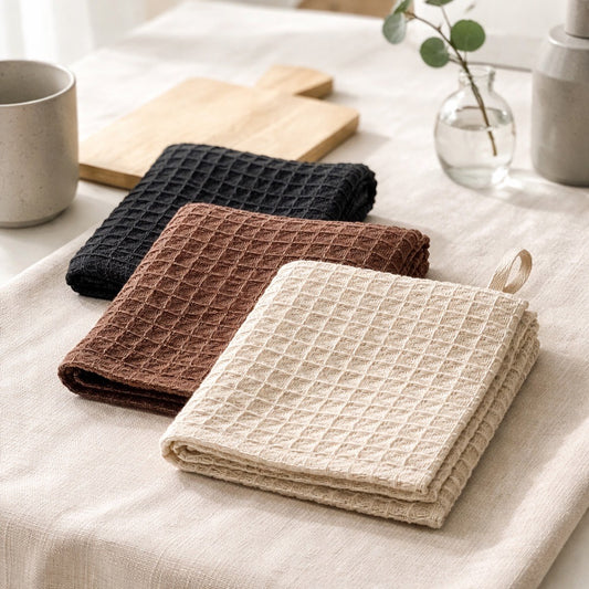 Set Of 3 Dish Cloths Black/Tan/Cream With Cutting Board
