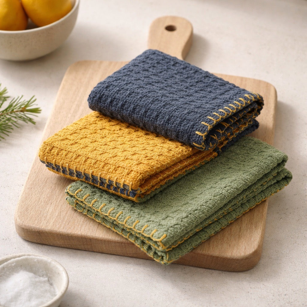 Three folded dishcloths in blue, yellow, and green on a wooden cutting board.