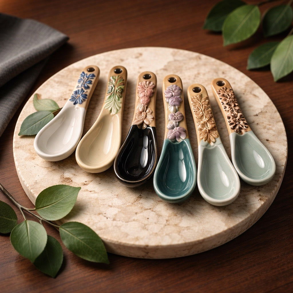 Set of decorative ceramic spoons on a round stone surface with leaves around.