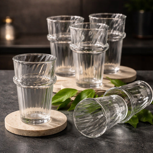Set of clear glass tumblers on stone coasters with a dark background