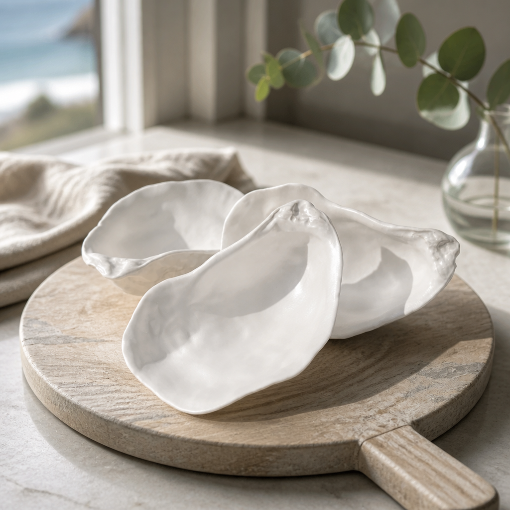 Two white ceramic leaf-shaped dishes on a wooden board with a blurred natural background