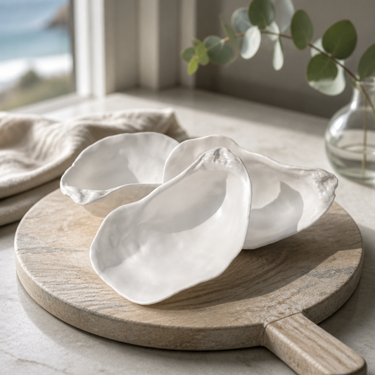 Two white ceramic leaf-shaped dishes on a wooden board with a blurred natural background