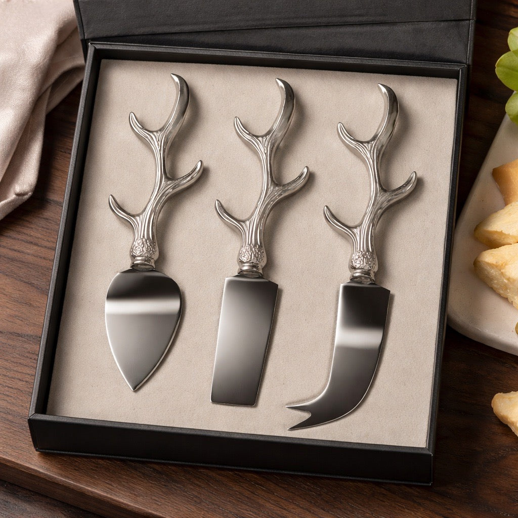 Set of three silver antler-themed cheese knives in a box on a wooden surface.