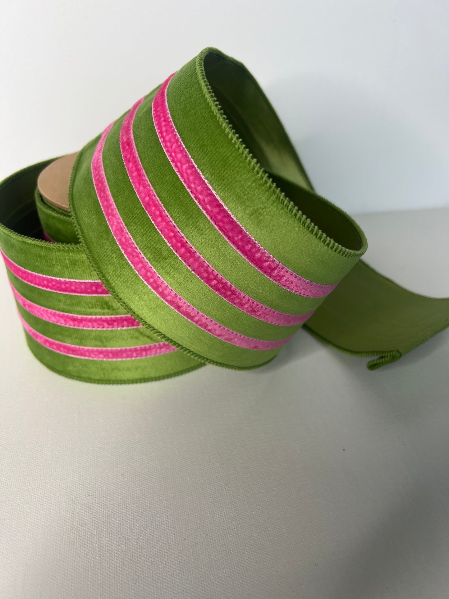 4" Velvet Green With Pink Stripe Ribbon