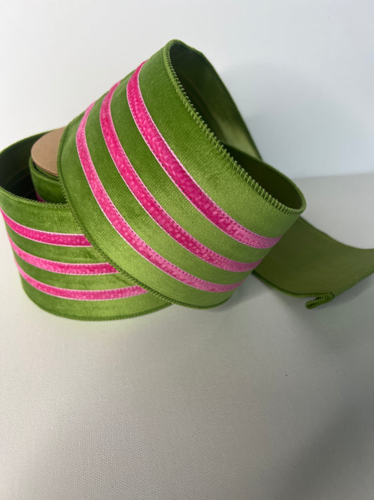 4" Velvet Green With Pink Stripe Ribbon