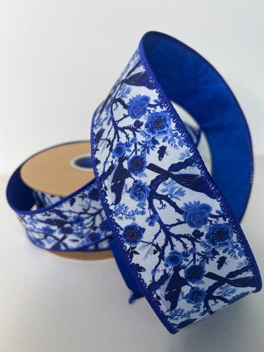 2 1/2" Blue/White Flowers With Birds Ribbon