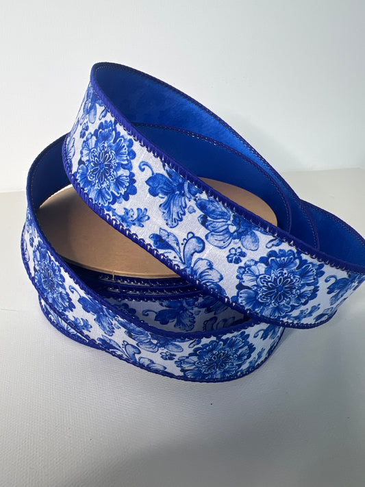 1 1/2" Blue/White Flower Ribbon