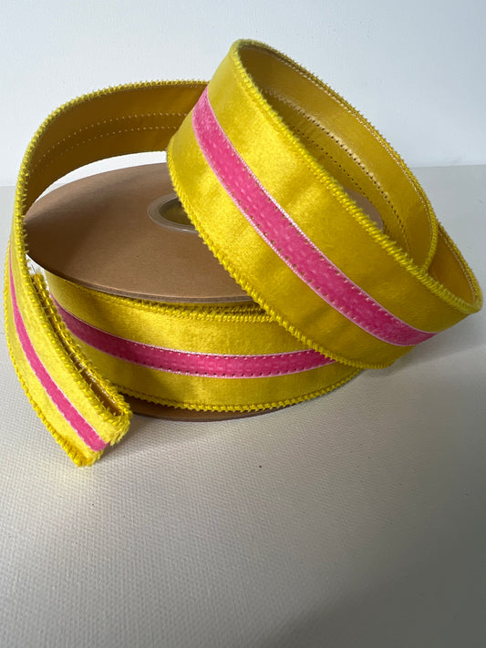 1 1/2" Velvet Yellow With Pink Stripe Ribbon