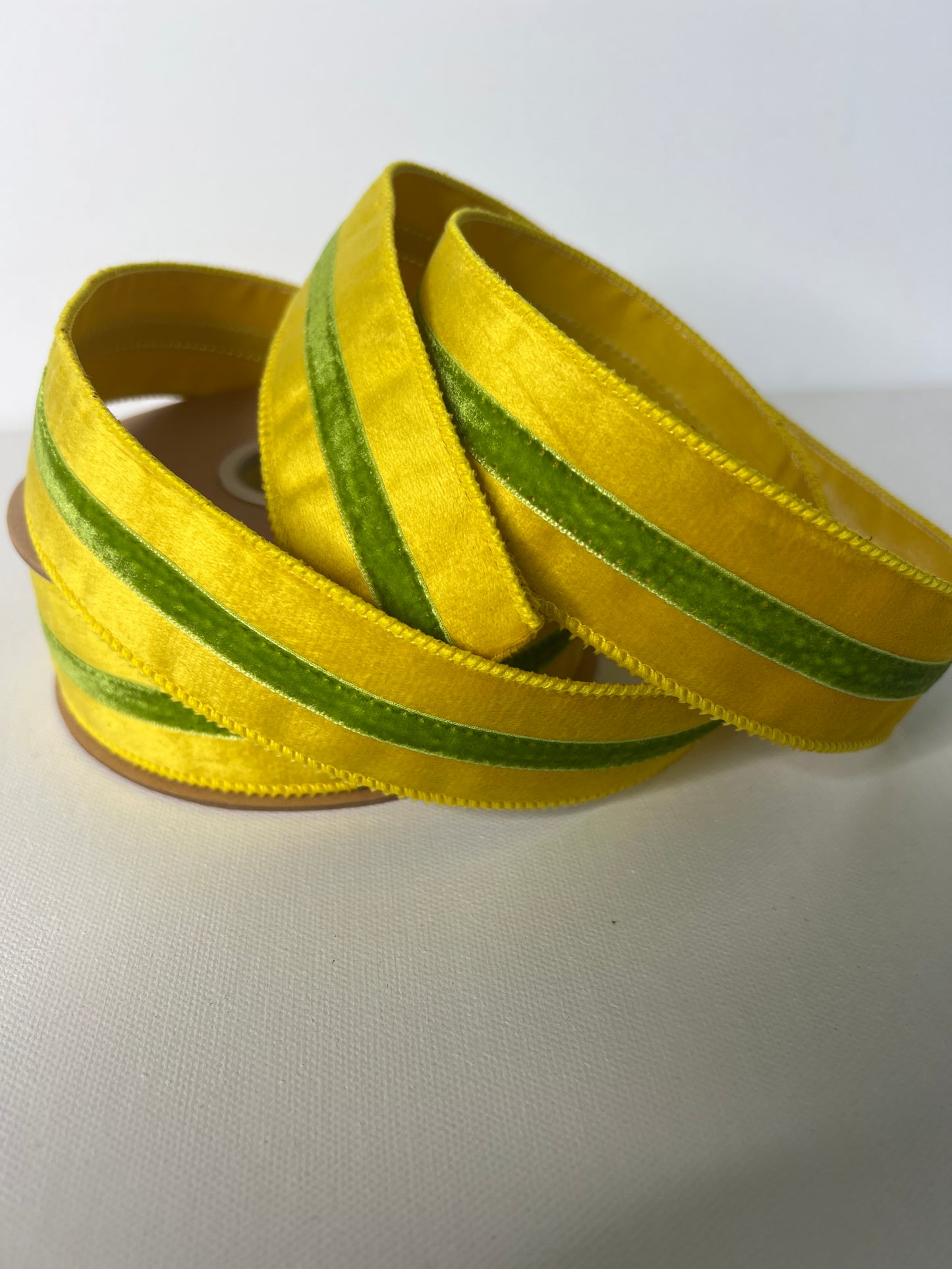 1 1/2" Velvet Yellow With Green Stripe Ribbon